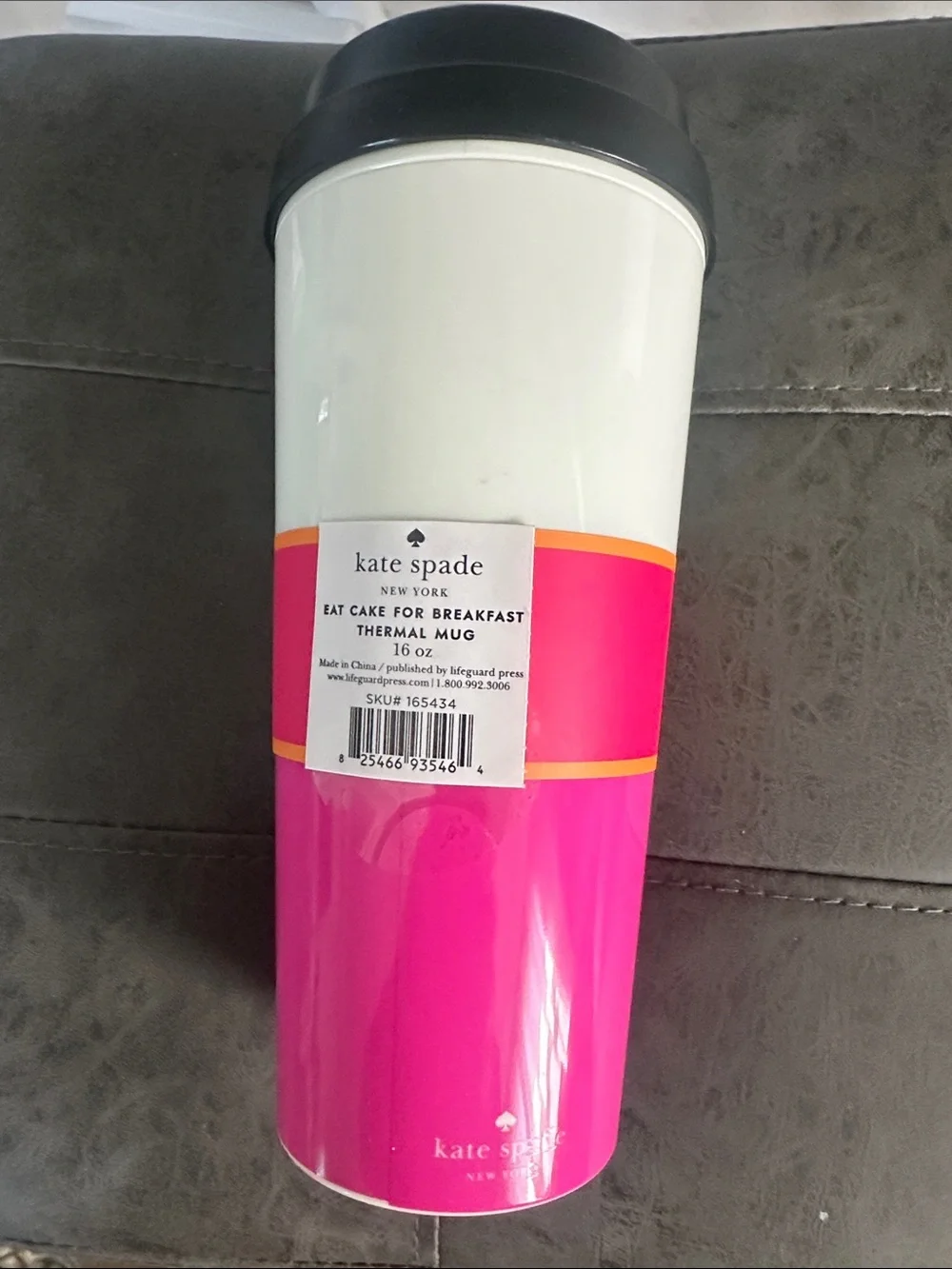NWT kate spade White, Hot Pink & Black 'Eat Cake for Breakfast' Travel Mug